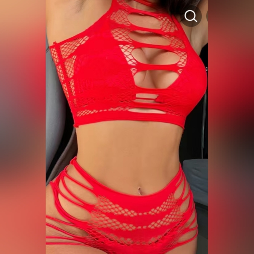 Nylon Fishnet 2 Piece Bra Panty Cover Up Lingerie Outfit Red